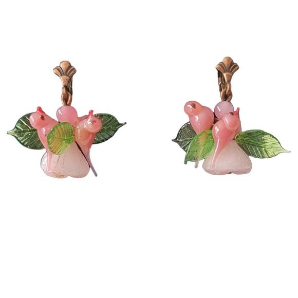 Czech Pink Glass Bird, Leaves Leverback Earrings E78 - Picture 2 of 7